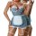 Sexy maid bodysuit costume with blue gingham, white apron, red bows, and open-crotch design for erotic lingerie appeal.