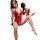 Woman wearing red lace open-crotch bodysuit, sheer sexy lingerie set with deep v-neck and sultry design.