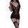 Woman in black lace bodysuit with deep v-neck and elastic straps, holding a red rose.