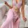 Sexy pink lace dress featuring sheer mesh and floral embroidery, perfect for evening wear. bodycon design with high slit, ide...