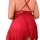 Back view of a red plus size lace sleep dress with halter straps and sheer skirt.