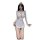 Woman in white flight attendant cosplay costume with cap, featuring a deep v-neck dress and gold buttons.