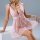 Woman wearing pink polka dot sheer lace babydoll nightgown with adjustable straps and backless design.