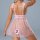 Woman wearing pink polka dot sheer lace backless babydoll nightgown with adjustable straps and romantic mesh detailing.