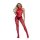 Woman modeling red floral lace sheer bodystocking with high neck and open crotch, seductive intimate lingerie.