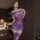 Sexy purple lace bodycon mini dress with sheer mesh and ruched design, perfect for a sultry nightclub look.