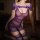Woman wearing a sexy purple lace bodycon nightgown with bow details and matching stockings, showcasing the seductive lingerie...