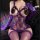 Woman wearing a sexy purple lace bodysuit with sheer mesh, cut-out details, and matching gloves.