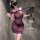 Woman wearing a sexy purple lace pencil skirt nightgown, holding a black fan. sultry sheer sleepwear set for women, plus size...