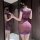 Woman in sexy purple lace pencil skirt nightgown, sheer sultry sleepwear set for women, plus size tempting lingerie.