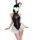 Woman in black pvc bunny bodysuit with mesh, ties, white ruffled skirt, and rabbit ears.