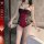 Sexy red lace bodysuit set featuring sheer vintage design with ties and strap details, perfect for new year eve celebrations.