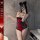 Sexy red lace bodysuit set featuring sheer fabric, vintage-themed design with ties and straps, perfect for new year eve celeb...