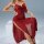 Woman wearing a sexy red mesh sleep dress with sheer lace camisole, side slits, and adjustable straps.