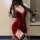 Sexy red velvet babydoll set with deep v-neck and lace-up design, perfect for christmas and new year eve celebrations.