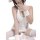 Woman modeling white knit lingerie set with ribbons, choker, and thigh-highs — sexy winter sleepwear for small bust & plus si...