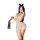 Woman in sexy ripped sheer mesh bodysuit with provocative cut-outs, holding phone and tail accessory.