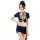 Woman modeling navy blue air hostess costume set with cropped top, bodycon skirt, and hat for adult role play.