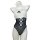 White and black maid costume lingerie set with sheer lace bodice, cross-tie back, ruffled top, and matching headpiece for wom...