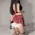 Sexy sailor uniform costume for women featuring a black crop top with red laces, plaid skirt, fishnet stockings, and playful ...