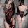 Sexy seamless lingerie bodysuit featuring sheer tight mesh tank top with red leather accents and matching stockings, perfect ...