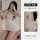 Woman wearing white sexy secretary bodysuit dress with deep v lace top and sheer mesh mini skirt, featuring cutout details.