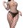 Woman wearing black sheer mesh bodysuit with fishnet pattern and open-crotch design, part of sexy secretary costume set for a...