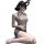 Woman kneeling in sheer bodycon skirt set with bow tie and bunny ears, flirty lingerie-inspired costume for small bust.