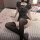 Woman wearing black lace cheongsam lingerie with sheer panels, adjustable tie front, and matching thigh-high stockings on a b...