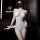 Woman modeling light blue sheer lace bodysuit set with mesh tear-away thong, stylish plus size intimate outfit.