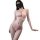 Woman modeling pink sheer lace bodysuit set with mesh thong and cutout details.