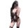 Woman in black sheer lace bodysuit with butterfly detail, open-crotch design, and tight fit for small bust.