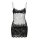 Black sheer lace bodysuit with floral trim and thin straps, featuring a tight mesh camisole design for women.