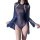 Woman wearing a navy blue sheer lace bodysuit with floral embroidery and a matching open robe.
