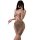 Woman wearing a sparkling sheer lace halter mini dress, perfect for nightclub parties and alluring evening events.