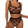 Woman modeling sexy sheer black lingerie set with heart print mesh top and matching high-waist panties.