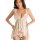 Woman wearing sexy sheer lace sleepwear with low-cut front and hook-and-eye closure, featuring a transparent nightgown design...