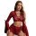 Woman modeling red sheer lace lingerie set with deep v neckline, flared sleeves, and detachable ties — sexy sheer lingerie se...
