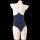 Back view of navy blue sheer milk silk bodysuit with white trim and crisscross straps on a mannequin.