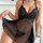Woman wearing a sexy sheer sleep dress with lace trim, breathable mesh nightgown perfect for couples and date nights.
