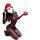 Woman in shiny red grid bodysuit with sheer tights, wearing santa hat, holding gift box, kneeling pose.