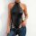 Woman wearing a glossy black pvc halter bodysuit with side ties and metal eyelets, styled with jeans.