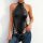 Woman wearing a sleek black pu leather halter bodysuit with side ties and backless design, paired with denim jeans.