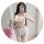 Woman modeling sexy sleepwear set - pure & tempting lace trim cami & shorts, floral sheer lingerie for women with teddy bear.