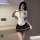 Sexy student uniform lingerie set featuring a plunging white blouse with a tie, paired with a plaid skirt, perfect for adults...