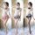 Sheer student uniform set with bow top & plaid skirt - suoqing lingerie. three poses show outfit variations with fishnets and...