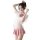 Woman modeling sheer white shirt with pink bow and plaid pleated skirt from suoqing sexy student uniform set.