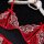 Red lace lingerie set with floral embroidery and bow details, displayed on a hanger with pearls.