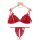 Red lace lingerie set with sheer romantic design, featuring a bra and matching thong on a wooden hanger.