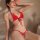 Woman wearing a red lace three-piece lingerie set with an open-crotch bikini and bra, designed for plus size comfort.